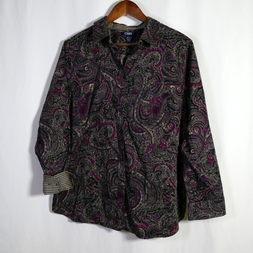 Chaps Womens No Iron Long Sleeve Button Up Top Size 1X Flip Cuffs Paisley Artsy - Picture 1 of 9